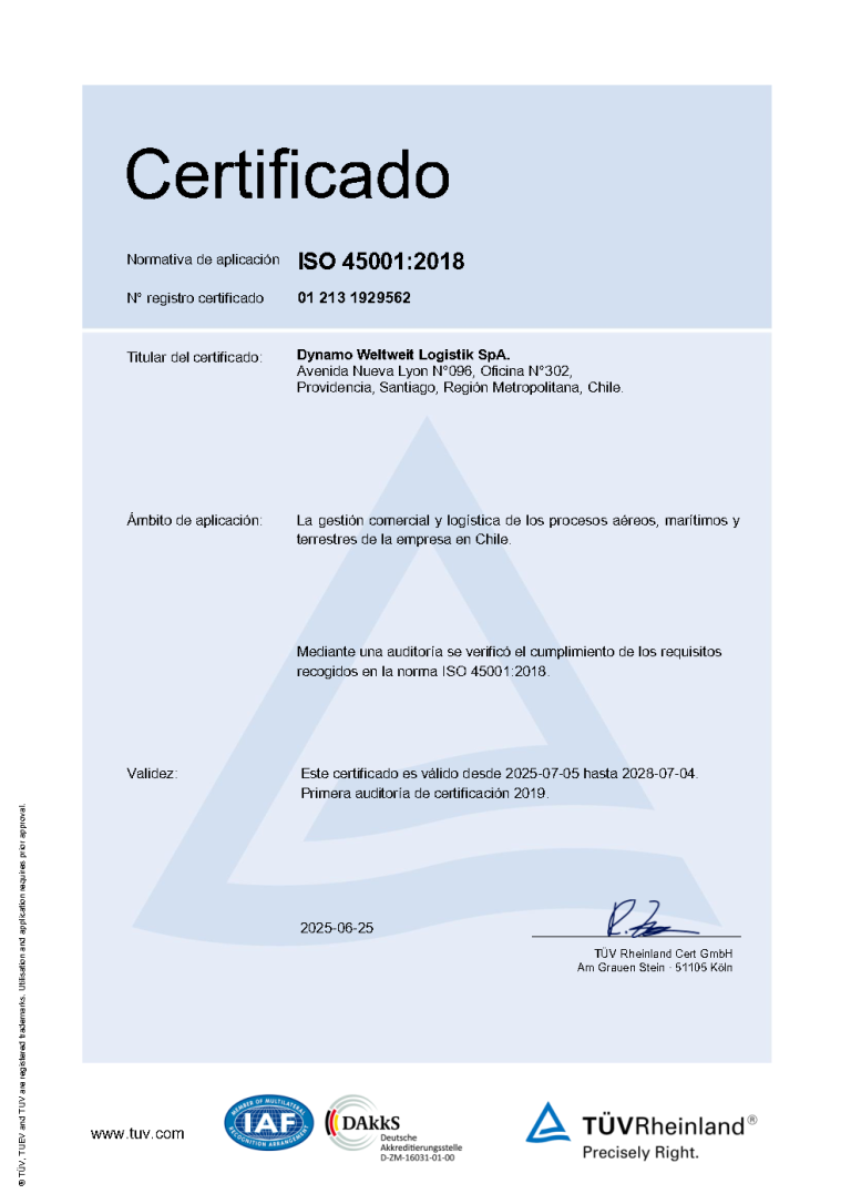 Certificado ISO 45001 - Chile